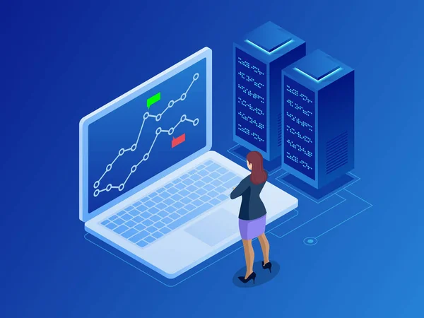 Izometryczne przedsiębiorców rynku akcji online. Makler giełdowy, patrząc na wykresy, indeksy oraz cyfry na wielu ekranach komputerów. Koncepcja kryptowaluty i Blockchain. — Wektor stockowy