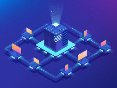 Cryptocurrency ve Blockchain kavramı. Çiftlik için araştırma bitcoins. İzometrik vektör çizim