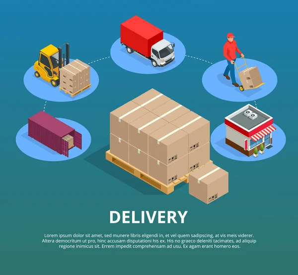 Servizio di consegna espresso design piatto moderno concetto di illustrazione vettoriale. Logistica e trasporti. Centri di esportazione, importazione e distribuzione interna di magazzini — Vettoriale Stock