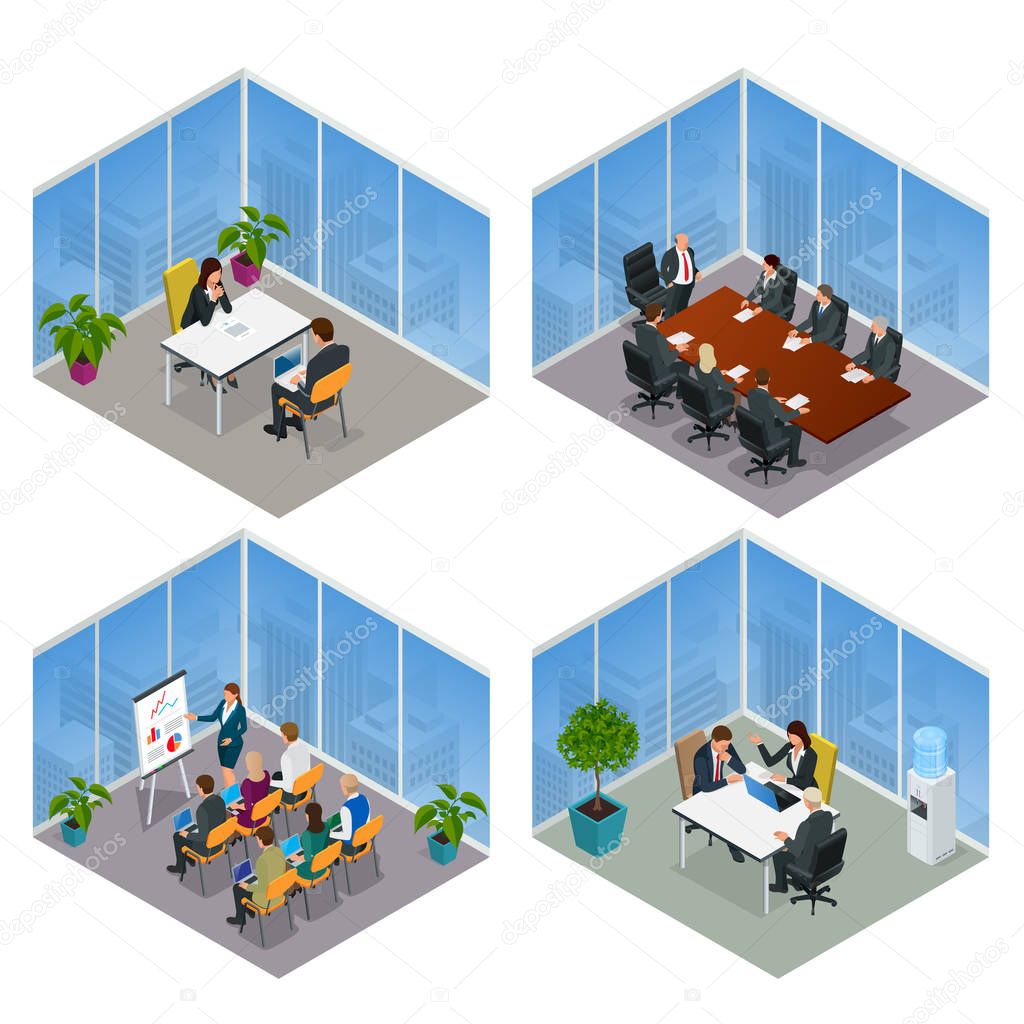Isometric business people talking conference meeting room. Team work process. Business management teamwork meeting and brainstorming. Vector illustration.