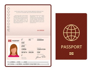 Vektör boş açık pasaport şablonu. Uluslararası passport örnek kişisel veri sayfası ile. Seyahat ve Göçmenlik belge. İzole vektör çizim.