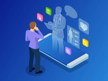 İzometrik sağlık, tanılama ve online tıbbi konsültasyon app akıllı. Dijital sağlık kavramı çeşitli tıbbi simgeleriyle çevrili telefon üzerinde duran bir doktor ile. Yenilikçi teknoloji