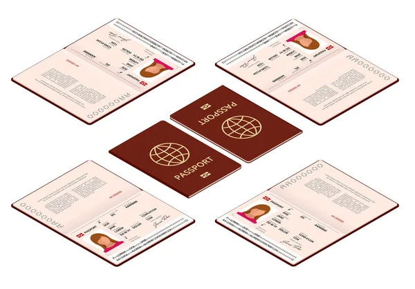 Διάνυσμα ισομετρική κενό διαβατήριο ανοικτό πρότυπο. Διεθνές διαβατήριο με δείγμα σελίδας δεδομένων προσωπικού χαρακτήρα. Το έγγραφο για το ταξίδι και τη μετανάστευση. Απομονωμένη διανυσματικά εικονογράφηση. — Διανυσματικό Αρχείο