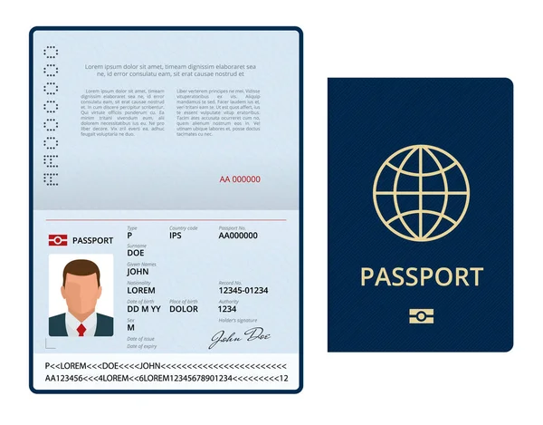 Vector Blank modelo de passaporte aberto. Passaporte internacional com amostra página de dados pessoais. Documento para viagens e imigração. Ilustração vetorial isolada . — Vetor de Stock