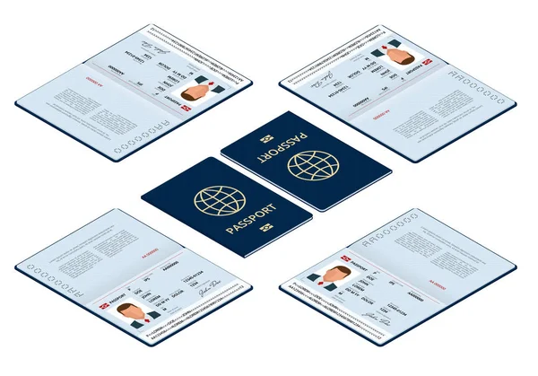 벡터 아이소메트릭 빈 오픈 여권 서식 파일입니다. 샘플 개인 정보 페이지의 국제 여권 대 한 여행 및 이민 문서입니다. 격리 된 벡터 일러스트 레이 션. — 스톡 벡터