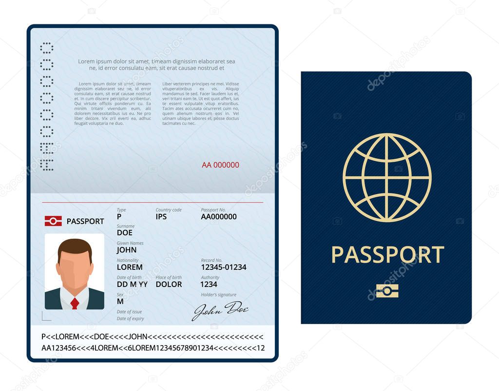 Vector Blank open passport template. International passport with sample personal data page. Document for travel and immigration. Isolated vector illustration.