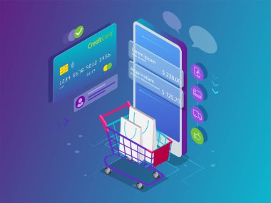 İzometrik akıllı telefon online alışveriş kavramı. Online mağaza, alışveriş sepeti simgesi. E-ticaret