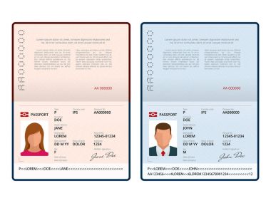 Vector Blank open passport template. International passport with sample personal data page. Document for. Isolated vector illustration clipart