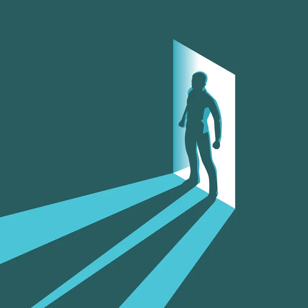 Isometric concept silhouette of man entering dark room with bright light in doorway. Vector illustration — Stock Vector