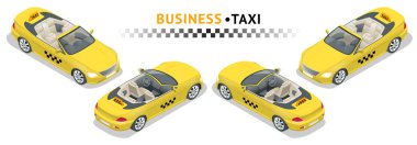İzometrik yüksek kaliteli şehir hizmet taşıma simge kümesi. Araba taksi. Cabriolet araba beyaz