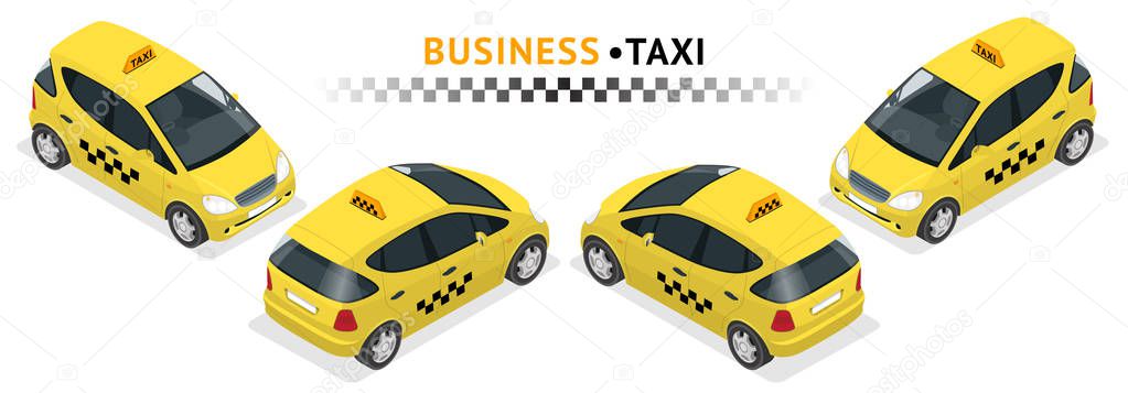 Isometric high quality city service transport icon set. Car Taxi. Compakt mini car.