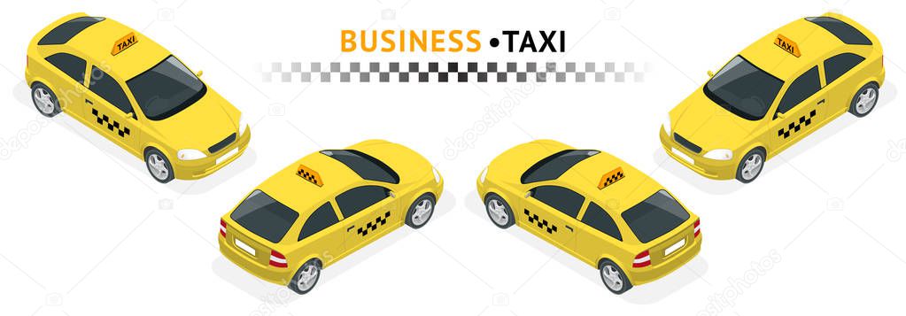 Isometric high quality city service transport icon set. Car Taxi. SUV car set on white background