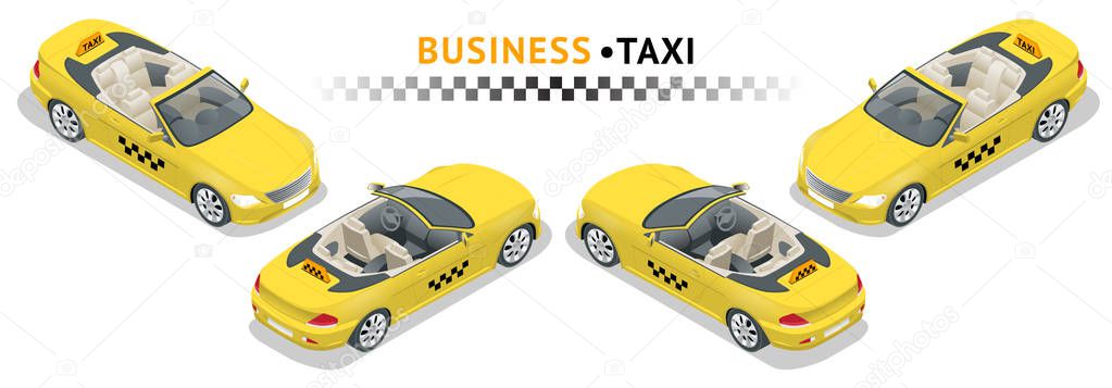 Isometric high quality city service transport icon set. Car taxi. Cabriolet car on white