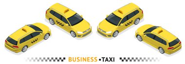 İzometrik yüksek kaliteli şehir hizmet taşıma simge kümesi. Araba taksi. İzole hatchback.