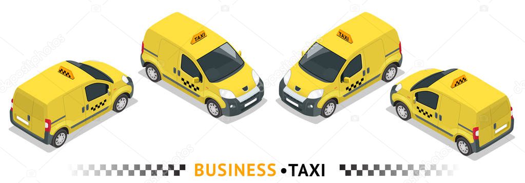 Isometric high quality city service transport icon set. Car taxi. Small Van Car.