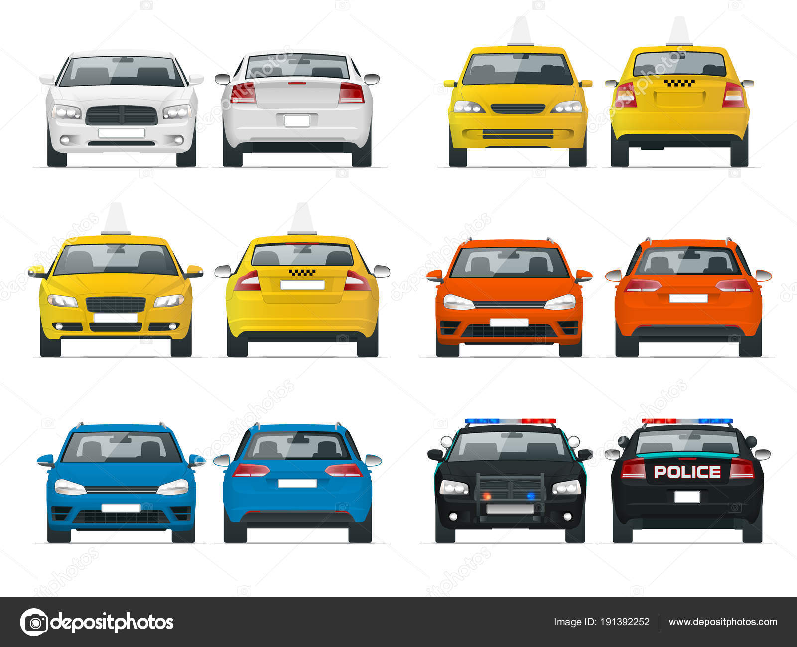 Set Of Different Types Of Cars Yellow Taxi Police And Sedan Cab Isolated Over White Background Vector Illustration Flat Front And Rear View Stock Vector Image By C Golden Sikorka