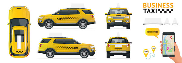 Flat 3d isometric high quality city service transport icon set. Car taxi. Build your own world web infographic collection. Set of the isometric taxi cab with front and rear views