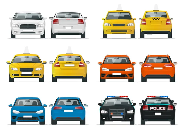 Набор различных типов автомобилей. Желтое такси, полиция и седан на белом фоне. Вид спереди и сзади — стоковый вектор