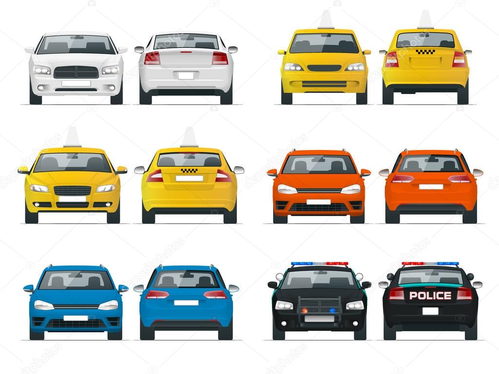 Set of different types of cars. Yellow taxi, police and sedan cab isolated over white background vector illustration flat. Front and rear view