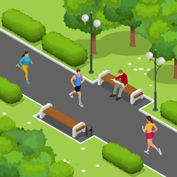 Isometric young woman and man runners running on a city park. Sportive people training in an urban area, healthy lifestyle and sports concepts. Vector isometric illustration. — Stock Vector