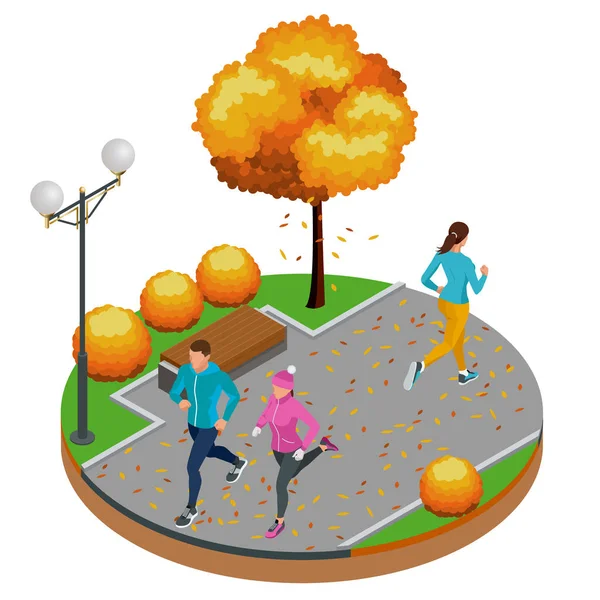 Isometrische jonge vrouw en man lopers draait op een stadspark. Sportieve mensen opleiding in een stedelijk gebied, gezonde levensstijl en sport concepten. — Stockvector
