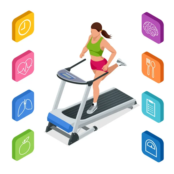 Mujer joven isométrica en ropa deportiva corriendo en la cinta de correr en el gimnasio. Iconos de fitness y salud. Máquina de correr o pista — Vector de stock