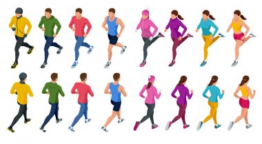 İzometrik çalışan insanlar. Ön ve arka görünümü. İnsanlar giyinmiş yaz, kış, Sonbahar, içinde bahar spor üniforma