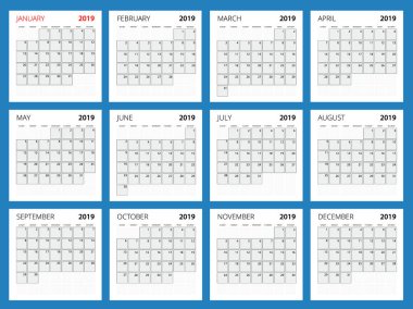 2019 yıl için takvim planlayıcısı. Vektör ileti örneği tasarım yazdırma şablonu ile fotoğraf, Logo ve metin için yer.