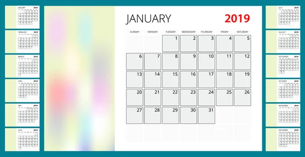 Calendário planejador para 2019 Ano. Modelo de impressão de design de papelaria vetorial com lugar para foto, seu logotipo e texto . —  Vetores de Stock