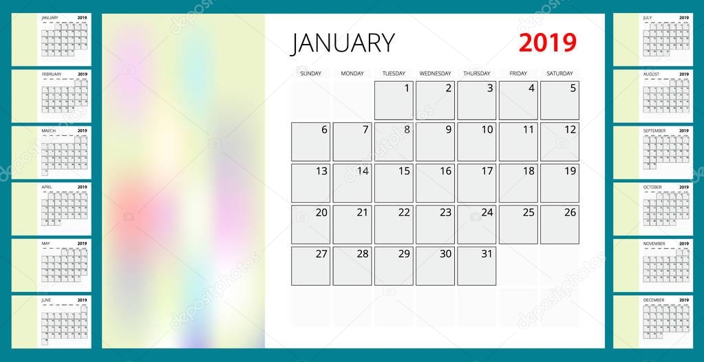 Calendar Planner for 2019 Year. Vector Stationery Design Print Template with Place for Photo, Your Logo and Text.