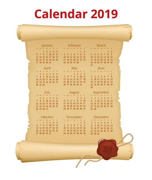 Calendario 2019 en pergamino, plantilla de impresión en rollo de pergamino — Vector de stock