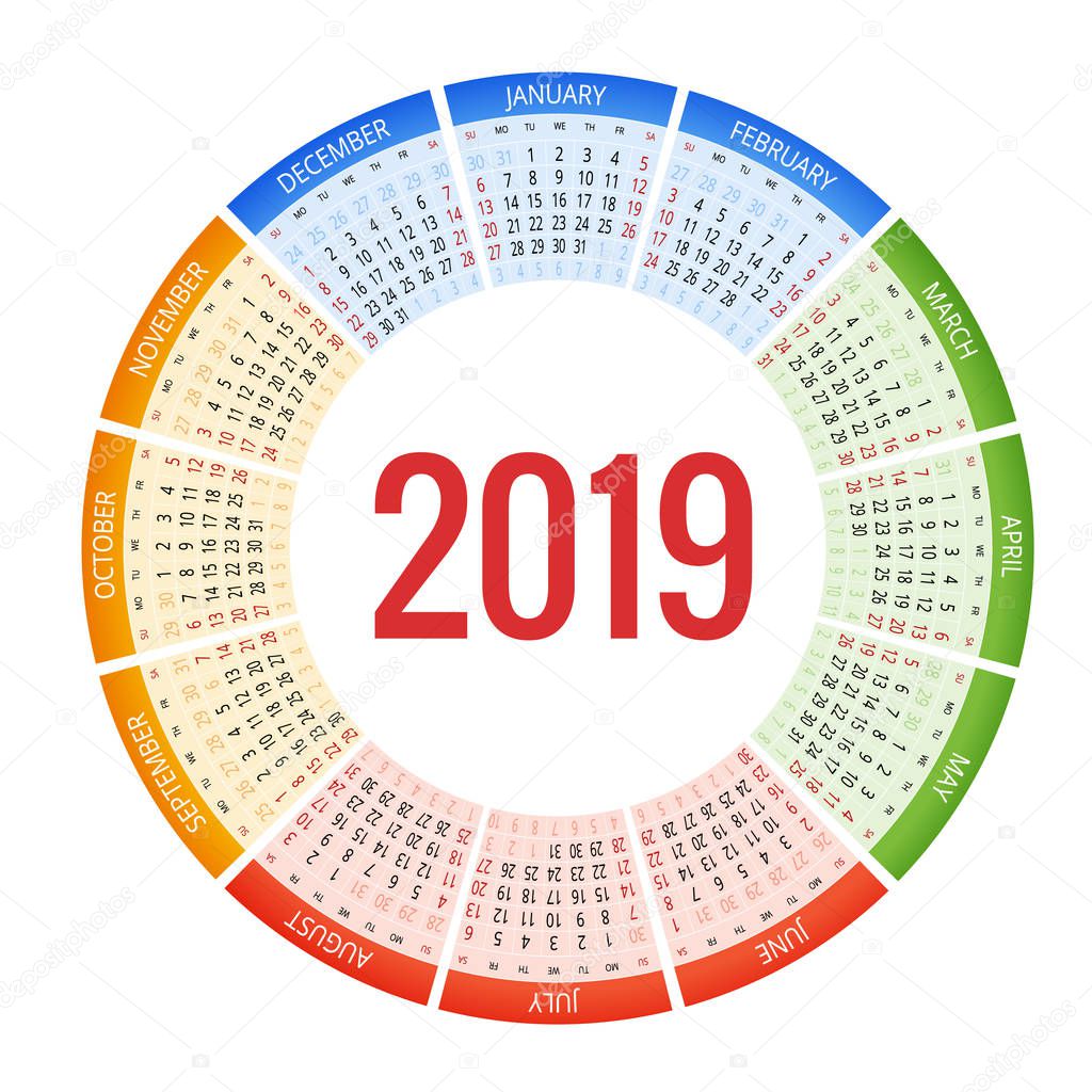 Colorful round calendar 2019 design, Print Template, Your Logo and Text. Week Starts Sunday. Portrait Orientation. 2019 Calendar of 12 Months.