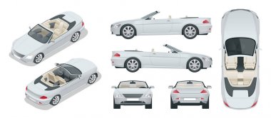 Transferi, Cabriolet araba. Cabrio coupe araç şablonu vektör üzerinde beyaz izole. Ön, arka, yan, üst, izometrik görüntüleyin. Grupta tüm element