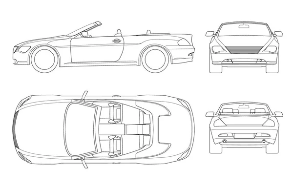 Kabrió autó vázlat. Cabrio coupe jármű sablon vektor elszigetelt fehér. Nézd meg elöl, hátul, oldalán, tetején. Minden elem a csoportok — Stock Vector