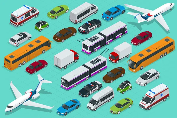 Isometric city transport with front and rear views. Trolley, plane, sedan, van, cargo truck, off-road, bike, mini and sport cars. Urban public and freight vehihle. — Stock Vector