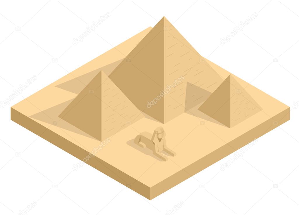 Isometric Great Sphinx including pyramids of Menkaure and Khafre in white background. Giza, Cairo, Egypt. Egyptian pyramids tourism vector concept.