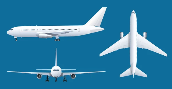 Samolot na niebieskim tle. Przemysłowe blueprint samolotu. Samolot pasażerski w górze, strony, widok z przodu. Ilustracja wektorowa płaski. — Wektor stockowy
