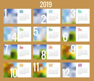 Vektör takvim 2019 yıl için. Vektör tasarım yer için fotoğraf yazdırma şablonu. Dizi 12 takvim sayfası. İleti örneği tasarım