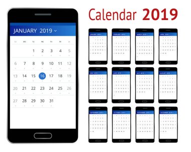 Vektör takvim 2019 yıl için. Smartphone ile bir takvim, bir ay planlıyor. Tasarım yazdırma şablonu. Grup 12 takvim sayfası.