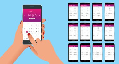 Vektör takvim 2019 yıl için. El ile bir takvim, bir ay planları bir smartphone. Tasarım yazdırma şablonu. Grup 12 takvim sayfası.