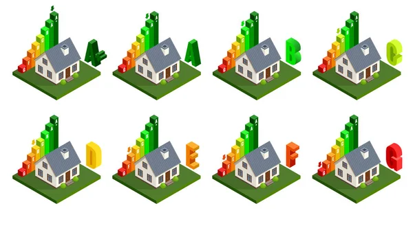 Eficiencia energética y concepto de mejora del hogar. Iconos isométricos de energía doméstica. Ilustración vectorial — Vector de stock