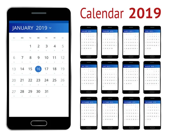 Calendário vetorial para 2019 ano. Smartphone com um calendário, planos de um mês. Modelo de impressão de design. Conjunto de 12 páginas de calendário . — Vetor de Stock
