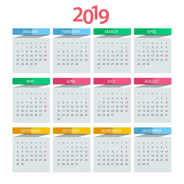 Vektorkalender für das Jahr 2019. Vektor Design Druckvorlage mit Platz für Foto. Satz von 12 Kalenderseiten. Schreibwarendesign — Stockvektor