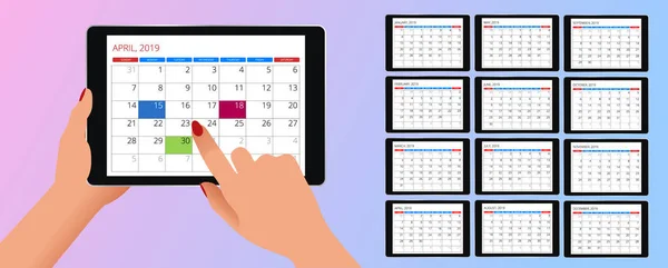 Calendário vetorial para 2019 ano. Mão com um smartphone com um calendário, planos de um mês. Modelo de impressão de design. Conjunto de 12 páginas de calendário . — Vetor de Stock