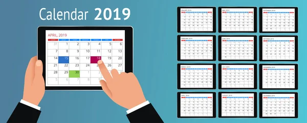Vektor kalendář pro rok 2019. Ruka s smartphone s kalendářem, jeden měsíc plány. Tiskové šablony návrhu. Sada 12 stránek kalendáře. — Stockový vektor