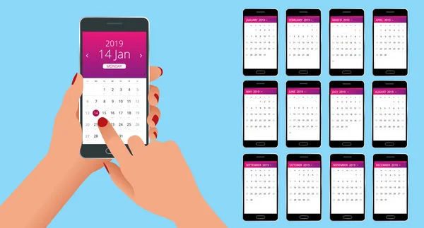 Calendário vetorial para 2019 ano. Mão com um smartphone com um calendário, planos de um mês. Modelo de impressão de design. Conjunto de 12 páginas de calendário . —  Vetores de Stock