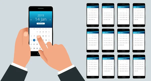 Vector kalender 2019 årets. Hand med en smartphone med en kalender, en månad planerar. Design utskriftsmall. Uppsättning av 12 kalendersidor. — Stock vektor