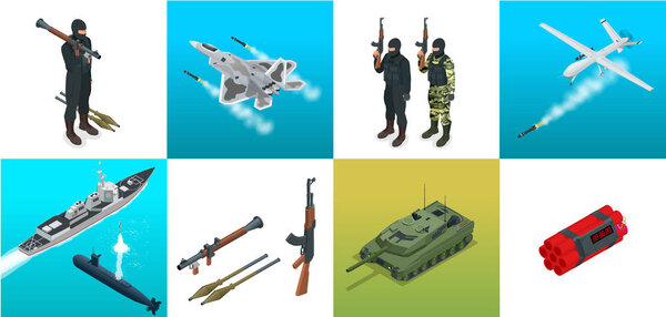 Isometric icons submarine, aircraft, soldiers. Set of military equipment flat high quality military vehicles transport.