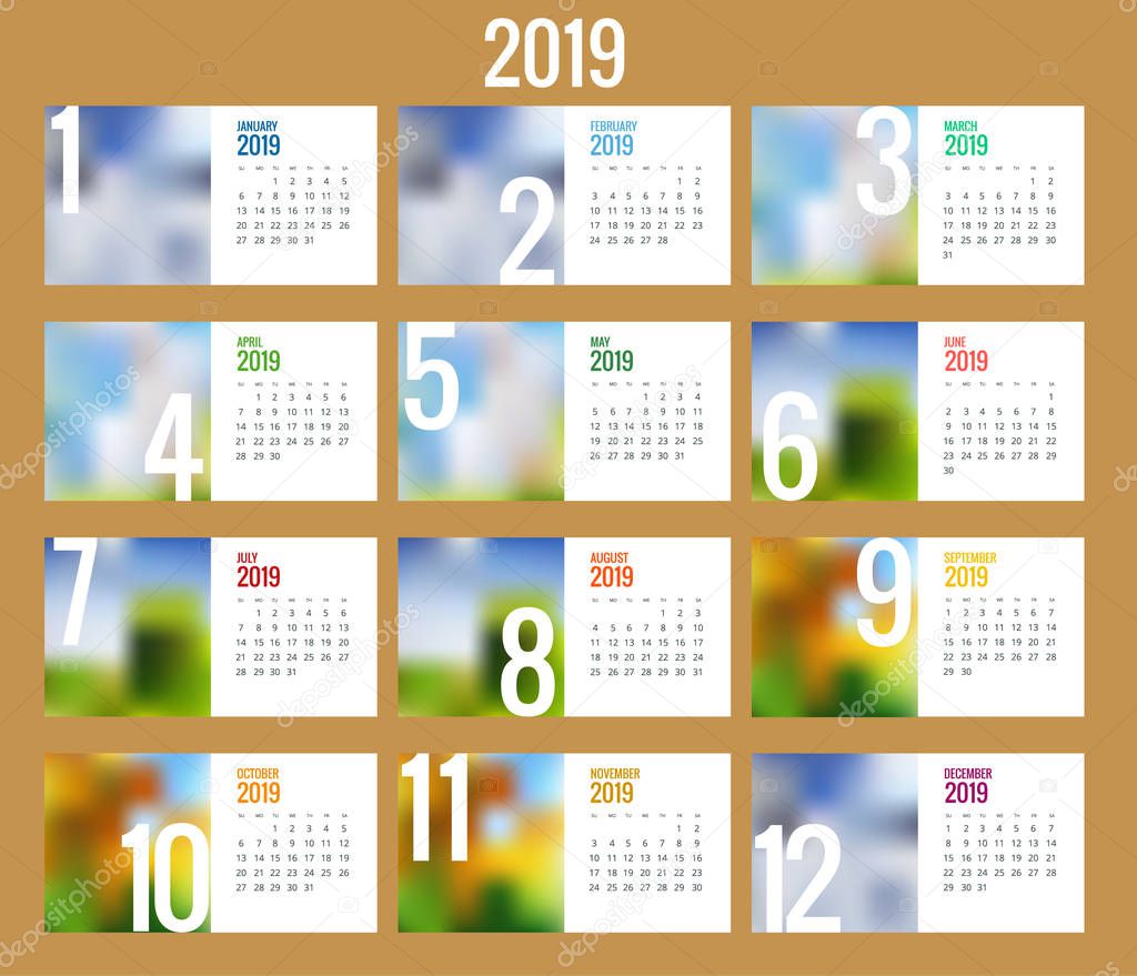 Vector Calendar for 2019 year. Vector design print template with place for photo. Set of 12 calendar pages. Stationery design