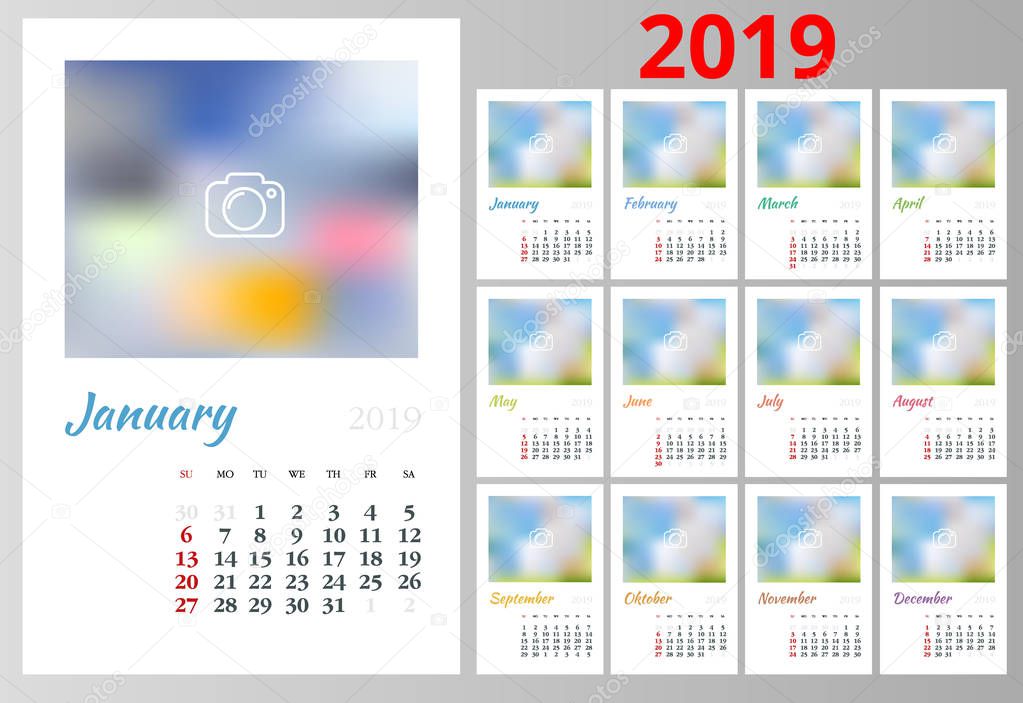 Vector Calendar for 2019 year. Vector design print template with place for photo. Set of 12 calendar pages. Stationery design